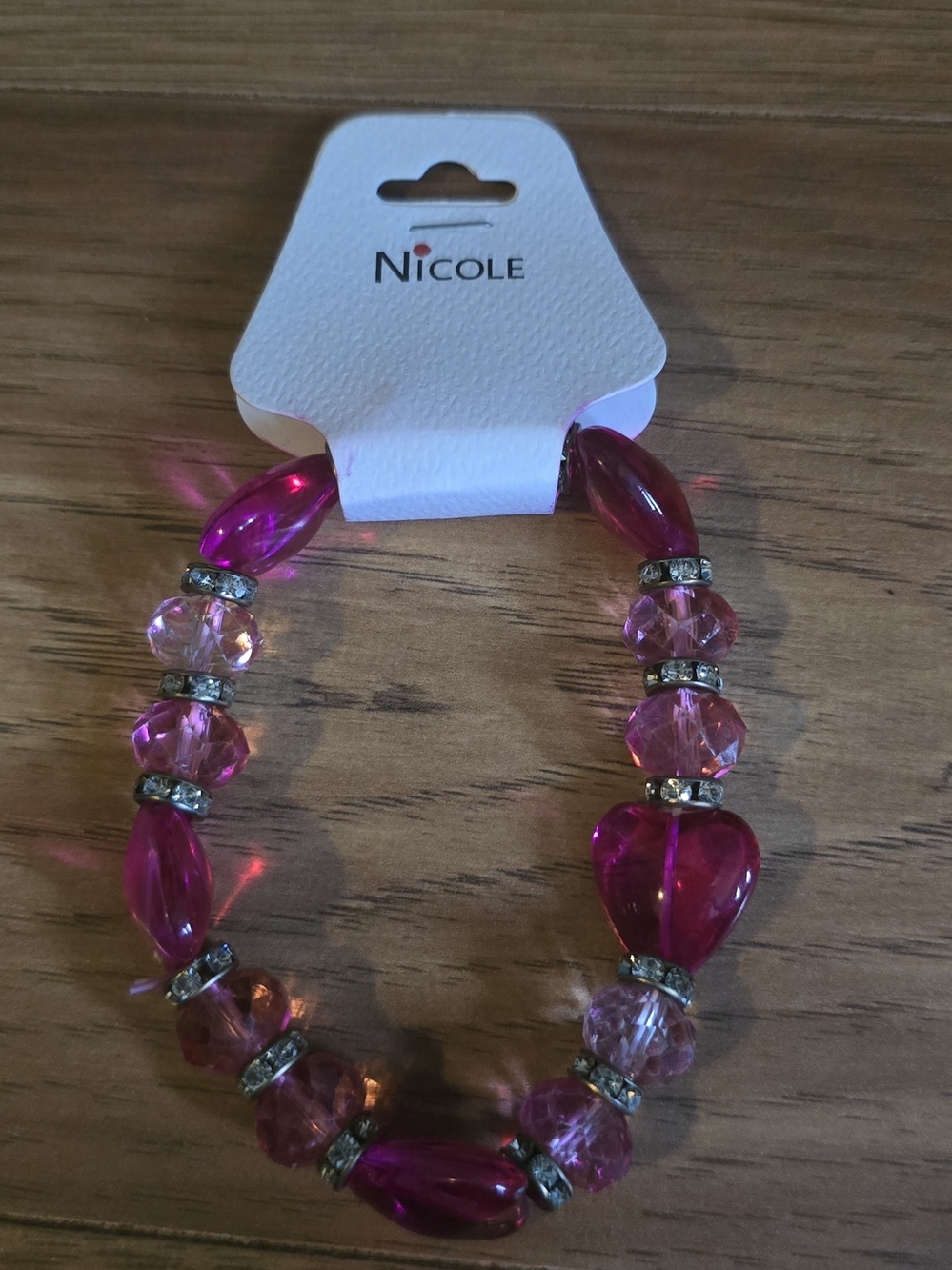Nicole Fuchsia Pink Beaded Heart Bracelet with Sparkle Spacers